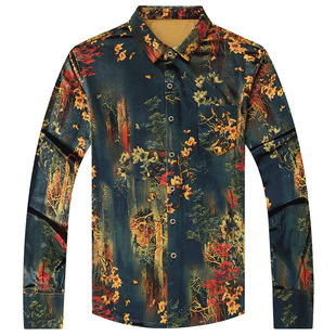 皮尔卡丹高端时尚男神轻奢时尚天丝印花衬衫秋季金丝绒长袖花衬衣