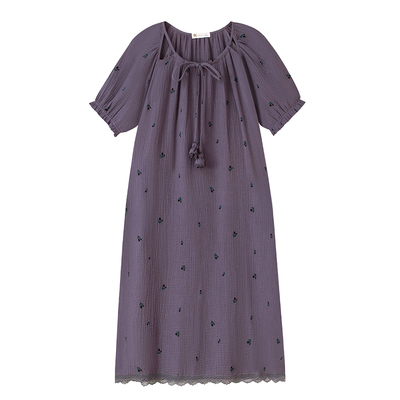 睡裙夏季短袖纯棉紫色田园郁金香