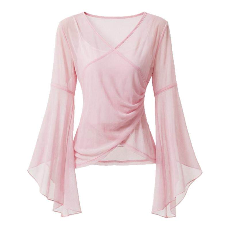 白色喇叭袖现代舞中国舞古典舞蹈服装绝美练功服上衣女飘逸网纱衣