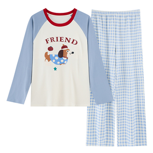 春秋季自带胸垫一体长袖睡衣套装夏冬天大码女家居服格子卡通宽松