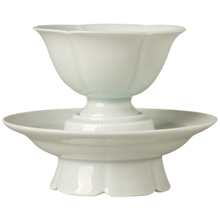 云术 景德镇手工仿宋湖田窑影青雕刻葵口茶盏 茶托盏托 功夫茶杯