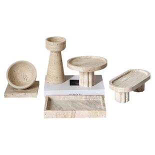 侘寂风大理石托盘复古黄洞石高脚果盘装饰盘民宿样板间软装摆件