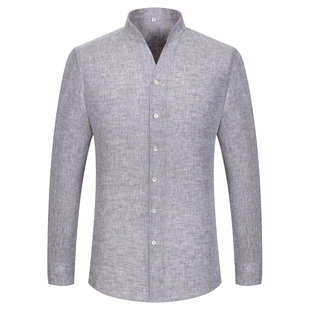 春季新款100%全亚麻新中式立领衬衫男长袖透气宽松休闲高端衬衣