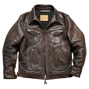 阿美咔叽复古门多萨真皮皮衣男翻领修身加厚做旧头层牛皮夹克外套