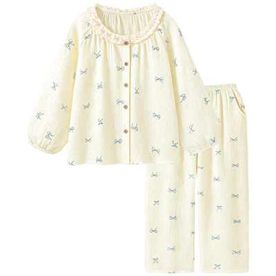 带胸垫睡衣女纯棉纱布长袖家居服