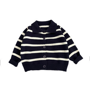 韩国童装男宝宝开衫春装新款帅气女童休闲条纹POLO领针织毛衣外套
