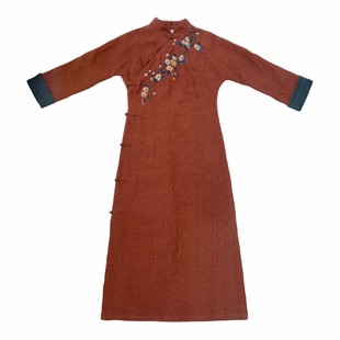 新款中国风刺绣旗袍棉麻绣花夹棉棉衣禅意茶服复古秋冬长袖连衣裙