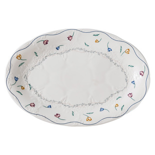 好看的盘子浮雕椭圆盘陶瓷家用炒菜盘长形鱼盘中古碎花甜品早餐盘