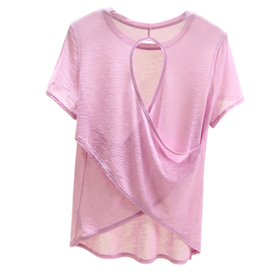 夏季轻薄竹节纱瑜伽T恤女镂空美背运动罩衫瑜伽服圆领健身上衣