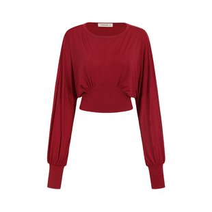 OTHERSTORE 荒野玫瑰 红色一字领喇叭袖上衣女收腰设计感长袖T恤