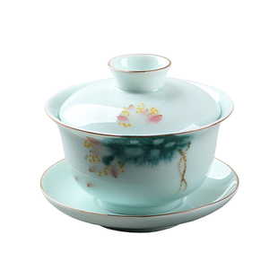 青瓷彩荷三才盖碗陶瓷茶碗泡茶杯单个功夫茶具敬茶碗茶杯茶漏套组