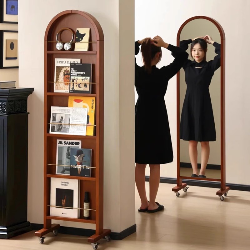 中复古实木穿衣镜可移动全身镜子旋转落地杂志书架收纳柜置物一体