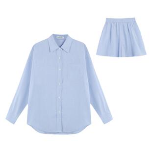 pusumede【现货6折】蓝色条纹衬衫女长袖宽松休闲衬衣气质上衣