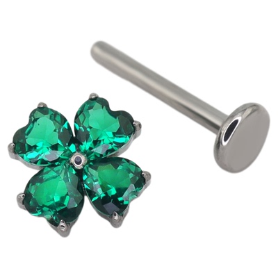 ShinmaF-136钛合金四叶草幸运草绿色合成锆石内牙耳钉耳骨钉耳饰