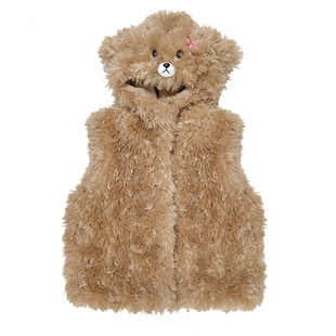 小女孩仿皮草羊羔绒毛毛马甲加绒加厚女童可爱小熊背心甩帽秋冬款