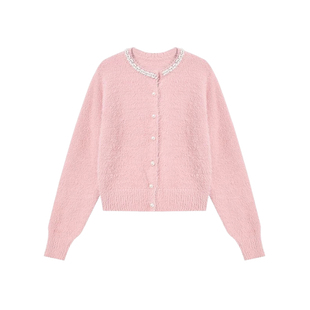 DPLAY【珠光星辰系列】2025年秋季新款粉色圆领珍珠长袖针织开衫