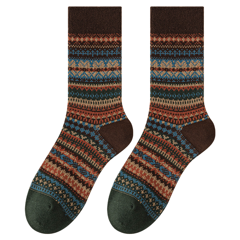 袜子女款秋冬季复古民族风中筒袜双针双路高筒吸汗棉袜日系堆堆袜