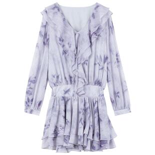 KEIKO 魅惑紫色荷叶边V领连衣裙春夏南法假日晕染碎花轻盈雪纺裙