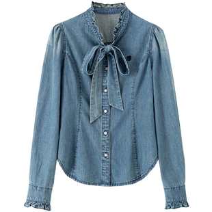 【100%棉】BANANA BABY2026年春季新款系带蝴蝶结泡泡袖牛仔衬衫