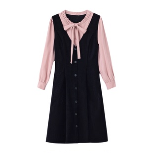 冬装新款木耳边领收腰A字法式长裙遮肚子显瘦胖MM大码磨毛连衣裙