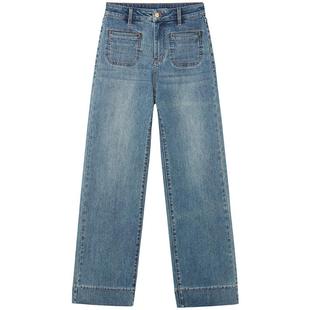 热风2025年秋季新款女士前贴袋直筒高腰牛仔裤挺括有型遮肉牛仔裤