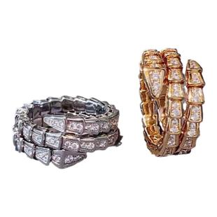 欧美时尚V金镀18k玫瑰金蛇形满钻蛇戒指镶钻三圈开口弹性蛇头指环