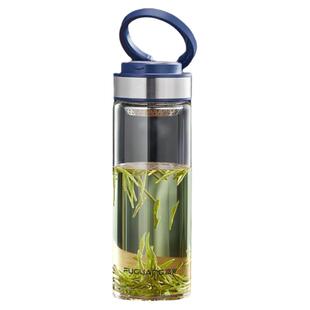 富光双层玻璃杯大容量茶杯男士商务玻璃杯便携提环水杯车载定制