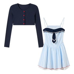 织物猪 海盐信礼 甜美学院风格纹吊带连衣裙女春夏收腰拼接短裙子