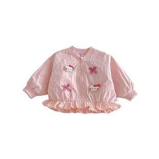 女童猫咪外套2026新款春季宝宝洋气蝴蝶结花边上衣儿童韩版春装潮