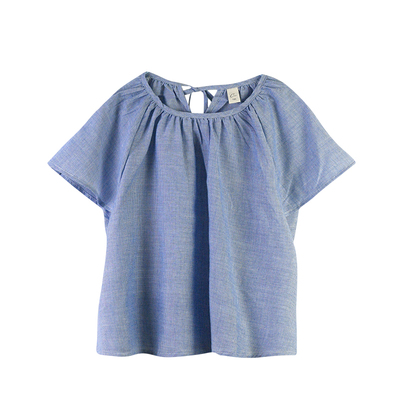 薄款夏装纯棉后领系带蓝色上衣