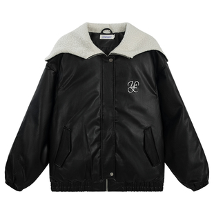 UNIFREE黑色羊羔毛皮衣羽绒服女士冬季新款加厚保暖宽松防风外套