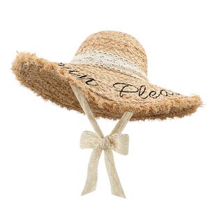 法式蕾丝系带拉菲草草帽女夏季海边度假大帽檐沙滩遮阳帽防晒帽子