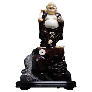 小叶紫檀镶嵌猛犸牙雕摆件【弥勒佛】摆件雕刻细腻传神 收藏送礼