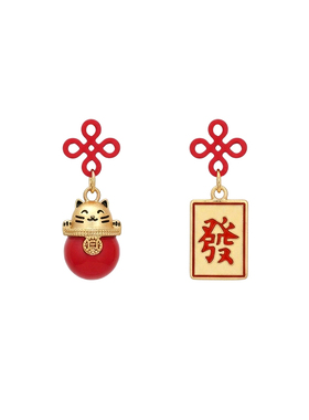 红色招财猫耳钉女轻奢小众