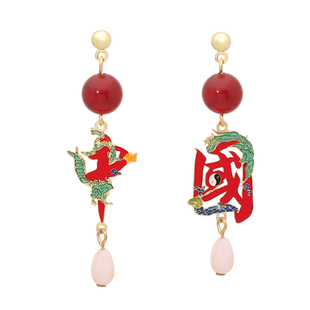 新中式国风耳环中国元素红色汉字气质不对称925纯银耳钉耳钩耳夹