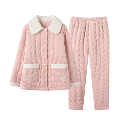 芬腾可安秋冬加厚加绒三层夹棉睡衣女士冬季珊瑚绒大码家居服冬天