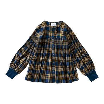 复古撞色灯笼袖格子百褶衬衫上衣