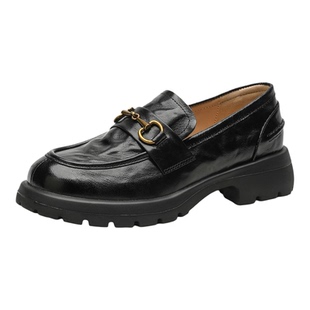 星期六真皮粗跟乐福鞋女春季新款英伦风简约复古小皮鞋豆豆鞋