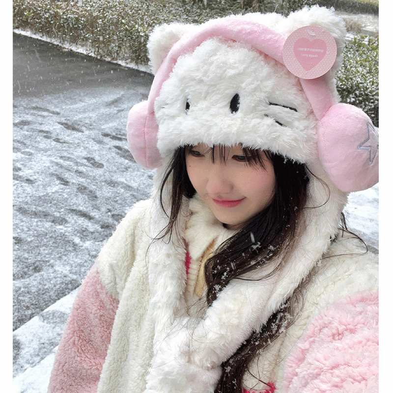 耳机猫帽子围巾一体女秋冬kt猫毛绒可爱百搭大头围冬天加绒加厚