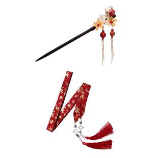 儿童古风发带发簪女童汉服马面裙红色流苏飘带丝带头绳簪子头饰