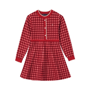 POLOWALK童装女童连衣裙2025秋冬新款红色毛衣千鸟格针织裙子