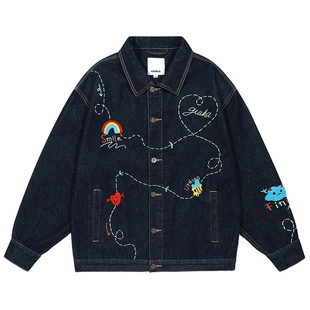 李耕耘同款GUUKA潮牌美式牛仔外套男 情侣爱心刺绣夹克女套装正肩