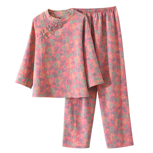 纯棉国风双层纱布盘扣睡衣女 复古新中式斜襟宽松家居服套装春秋