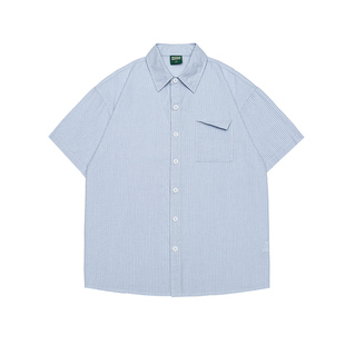 GOGOSOON 100%棉105g 轻薄条纹短袖衬衫男夏美式休闲宽松落肩上衣