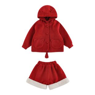 幼悠女童冬季套装加绒加厚猫耳连帽毛呢外套撞色拼接卷卷毛边短裤