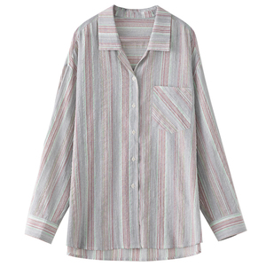 CV大码女装 2024夏季新款复古撞色条纹棉感防晒衬衫上衣宽松衬衣
