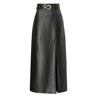 【皮质半裙】FF仿佛女装2025春新款易打理复古中长款开叉a型皮裙