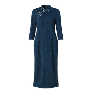 海青蓝 连衣裙秋女2025新款中长款时尚温柔女装盘口中式旗袍裙子