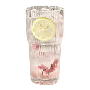 大容量吸管杯带盖竖条纹咖啡杯饮料果汁杯高颜值女家用奶茶玻璃杯