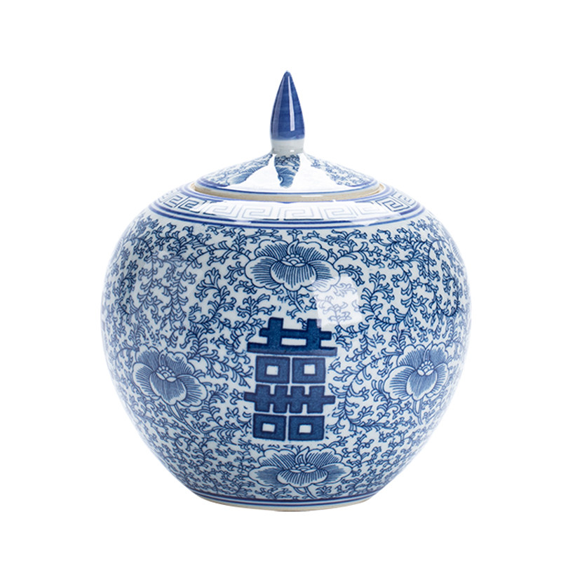 青花陶瓷喜字罐茶叶罐景德镇桌面摆件家居喜庆博古架装饰品储物器